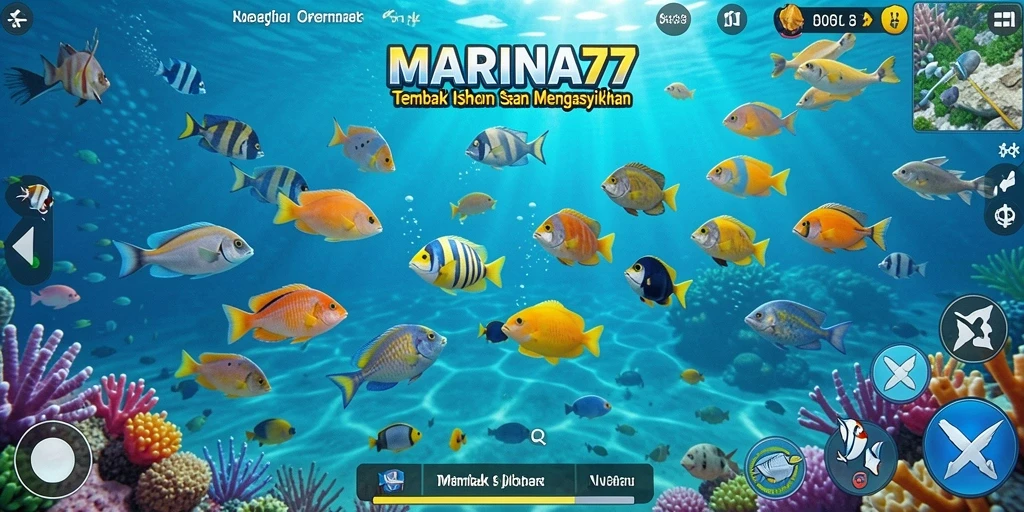 Screenshot utama MARINA77 menampilkan aksi menangkap ikan yang seru.