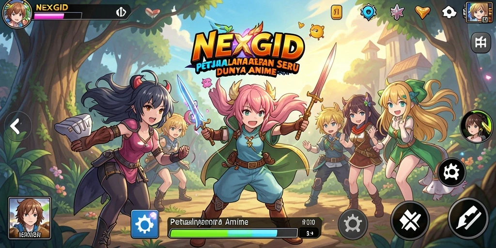 Screenshot gameplay NEXGID menampilkan aksi karakter anime yang dinamis.